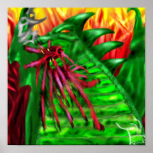 Grüner Drache mit Flammenplakat