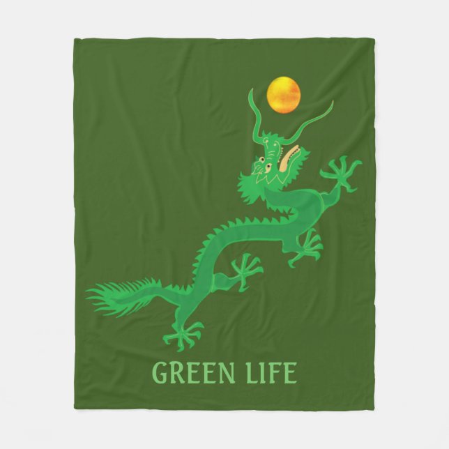 Grüner Drache mit goldenem Sonnenball auf Grün Fleecedecke (Vorderseite)