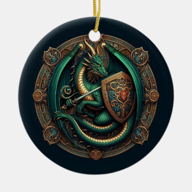 Grüner Drache mit Schwert Keramik Ornament (Vorne)