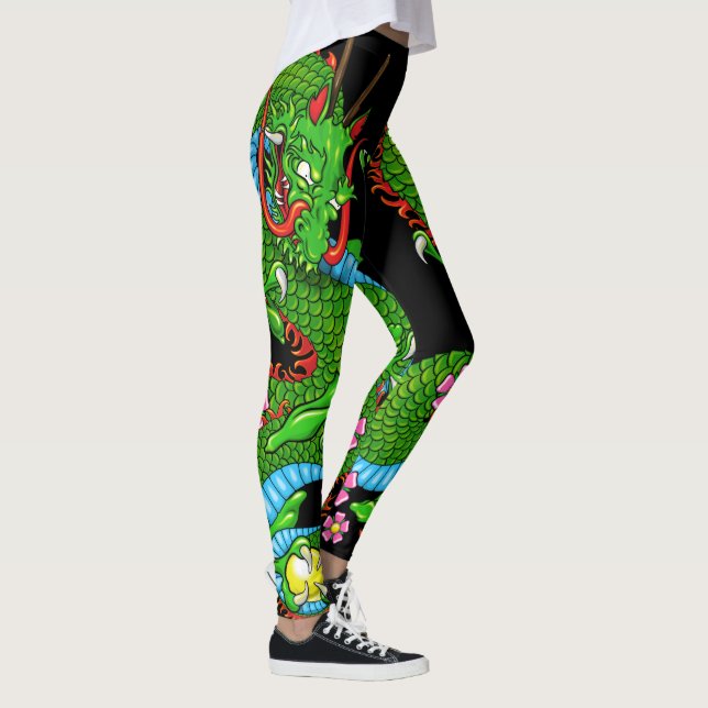 Grüner Drache Tattoo mit Kirschblüten Leggings (Rechts)