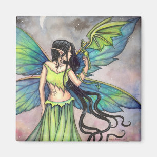 Grüner Drache und Fantasy-Kunst der Feen Magnet