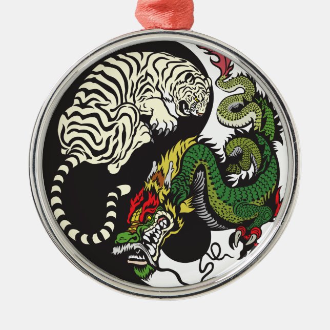 grüner Drache und weißes Tiger yin Yang-Symbol Ornament Aus Metall (Vorne)