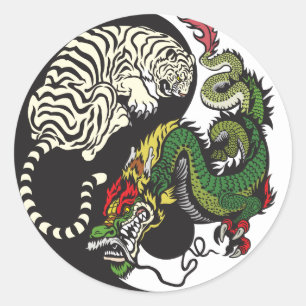 grüner Drache und weißes Tiger yin Yang-Symbol Runder Aufkleber