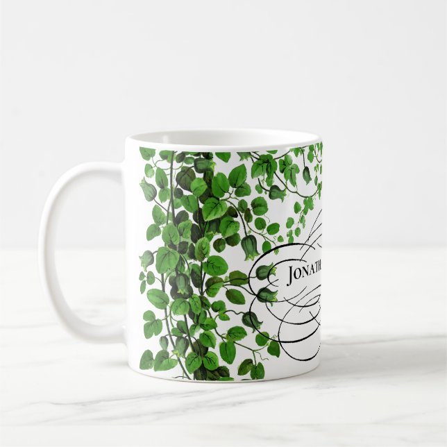Grüner Efeu-botanischer mit Monogramm Name Kaffeetasse (Links)