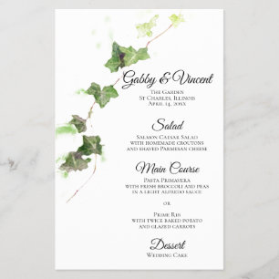 Grüner Efeu Wasserfarben Hochzeitsmenü Flyer