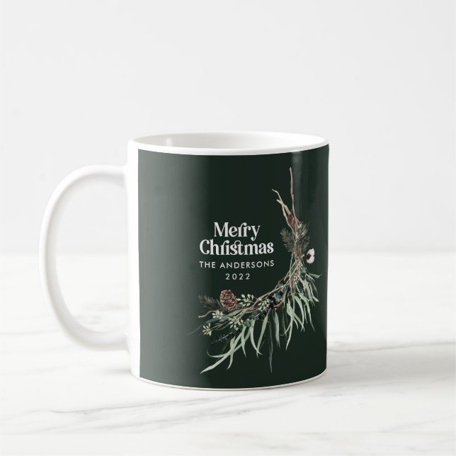Grüner, eleganter Aquarell, botanischer Weihnachts Kaffeetasse (Links)