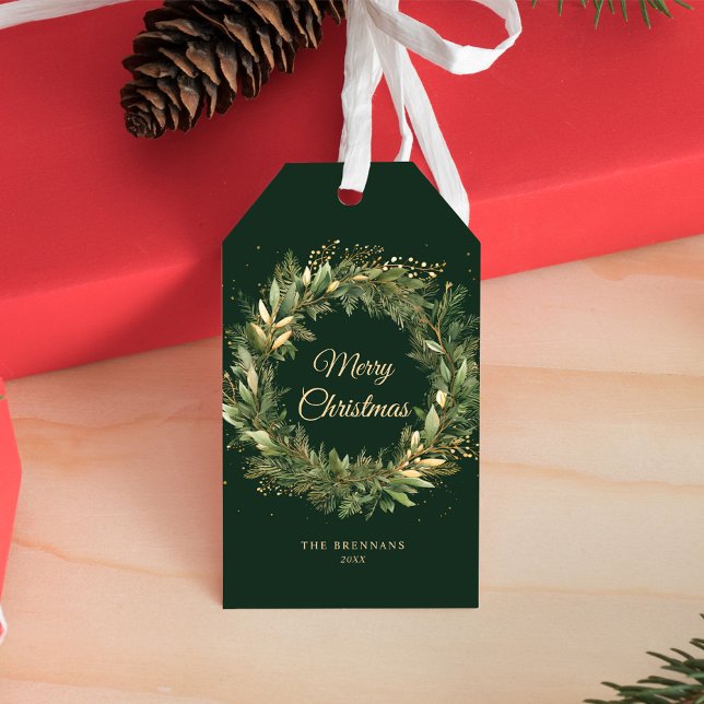 Grüner eleganter Weihnachtskranz Botanischer Urlau Geschenkanhänger (Green Elegant Christmas Wreath Botanical Holiday Gift Tags)