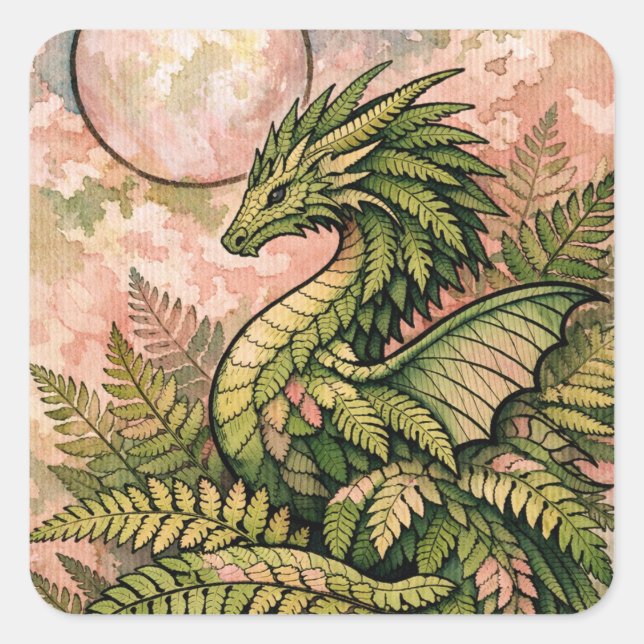 Grüner Farn-Drache Quadratischer Aufkleber (Vorderseite)
