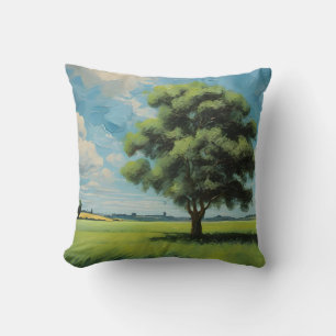 Grüner Feldbaum und Blauer Himmel Kissen