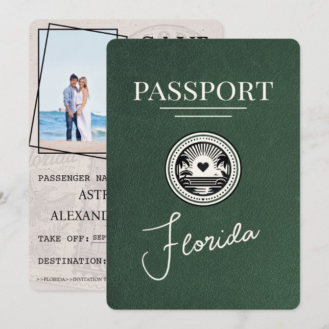 Grüner Florida Reisepass Save The Date (Vorne/Hinten)
