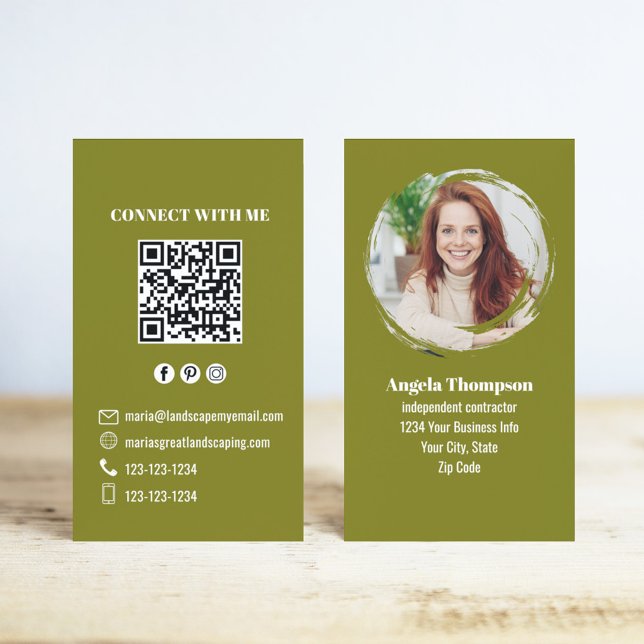 Grüner Foto-QR-Code: Verbinde dich mit mir Geschäf Visitenkarte (Green Modern Photo Business Cards with a scannable QR code template.)
