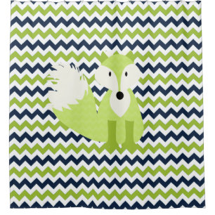 Grüner Fox auf Navy, Green, White Zickzack Strips Duschvorhang