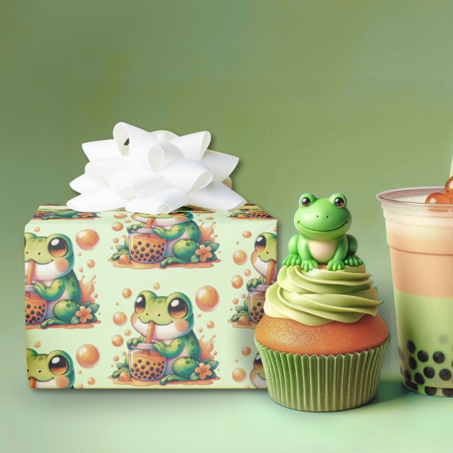 Grüner Frog und Orange Boba Bubble Tee Geschenkpapier (Von Creator hochgeladen)