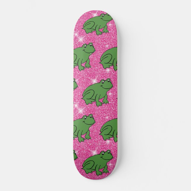 Grüner Frosch Amphibientiere Rosa Glitzer Skateboard (Vorderseite)