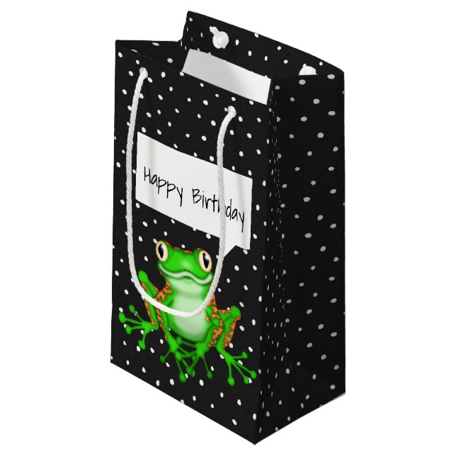 Grüner Frosch auf Button Dots Kleine Geschenktüte (Vorderseite Schrägansicht)