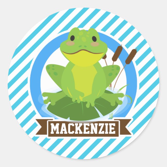 Grüner Frosch auf Lilypad; Blaue und weiße Streife Runder Aufkleber (Vorderseite)