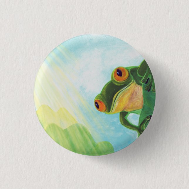 Grüner Frosch, der Sonnenstrahlen fängt Button (Vorderseite)