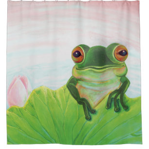 Grüner Frosch Entspannen im Teich Duschvorhang