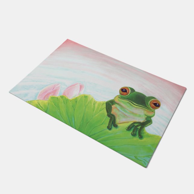 Grüner Frosch Entspannen im Teich Fußmatte (Schrägansicht)