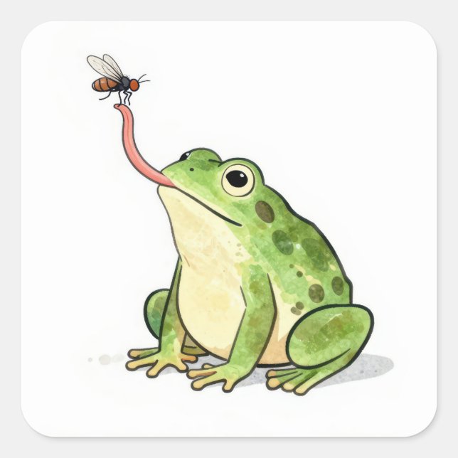 Grüner Frosch fängt eine Fliege Quadratischer Aufkleber (Vorderseite)