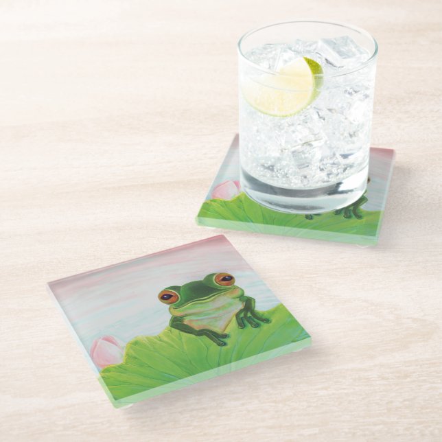 Grüner Frosch hinter dem Untersetzer aus Leinengla (Schrägansicht)