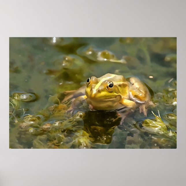 Grüner Frosch in glattem Wasser Akrylenmalerei Poster (Vorne)