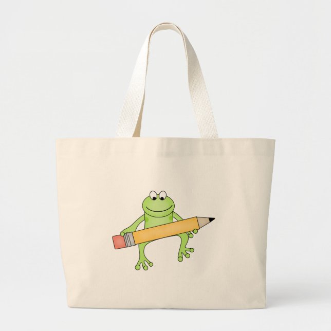 Grüner Frosch mit Bleistift Jumbo Stoffbeutel (Vorne)