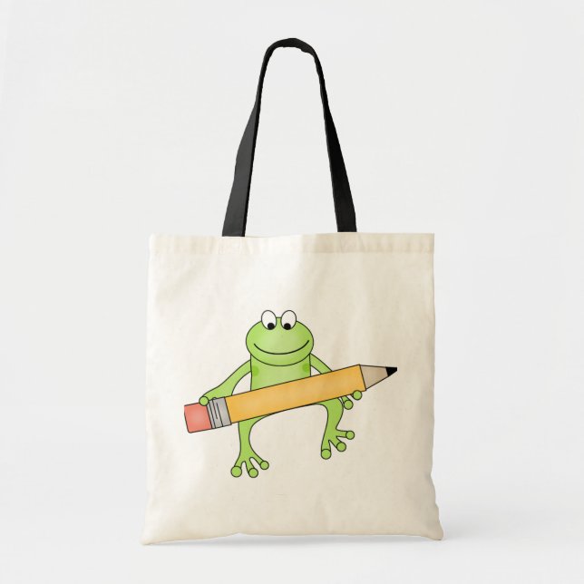 Grüner Frosch mit Bleistift-T-Shirts und Tragetasche (Vorne)