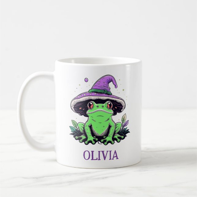 Grüner Frosch mit Lila Hexenhut Kaffeetasse (Links)
