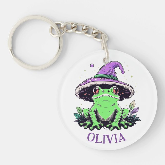 Grüner Frosch mit Lila Hexenhut Schlüsselanhänger (Vorderseite)