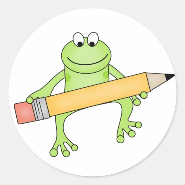 Grüner Frosch mit Stift Runder Aufkleber (Vorderseite)