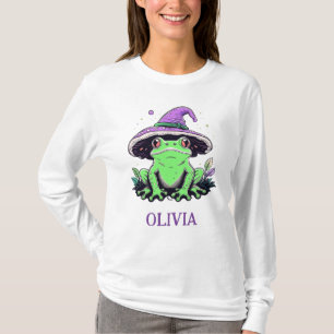 Grüner Frosch mit violettem Hexenhut T-Shirt