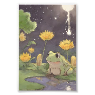 Grüner Frosch neben gelben Teichblumen Fotodruck