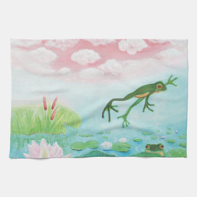 Grüner Frosch springt in die Teichillustration Geschirrtuch (Horizontal)