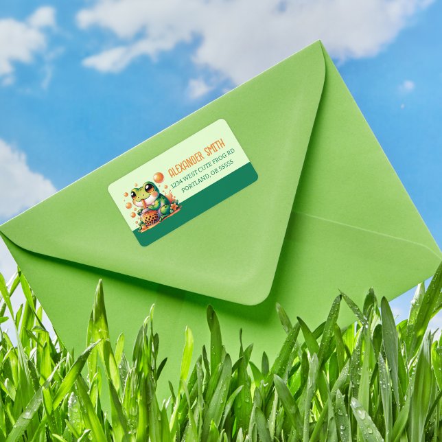 Grüner Frosch trinken Orange Boba Adressaufkleber (Von Creator hochgeladen)