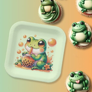 Grüner Frosch trinken Orange Boba Pappteller