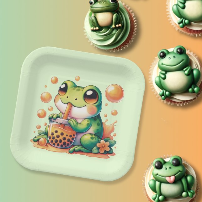 Grüner Frosch trinken Orange Boba Pappteller (Von Creator hochgeladen)