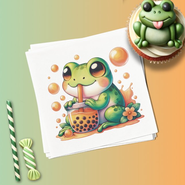Grüner Frosch trinken Orange Boba Serviette (Von Creator hochgeladen)