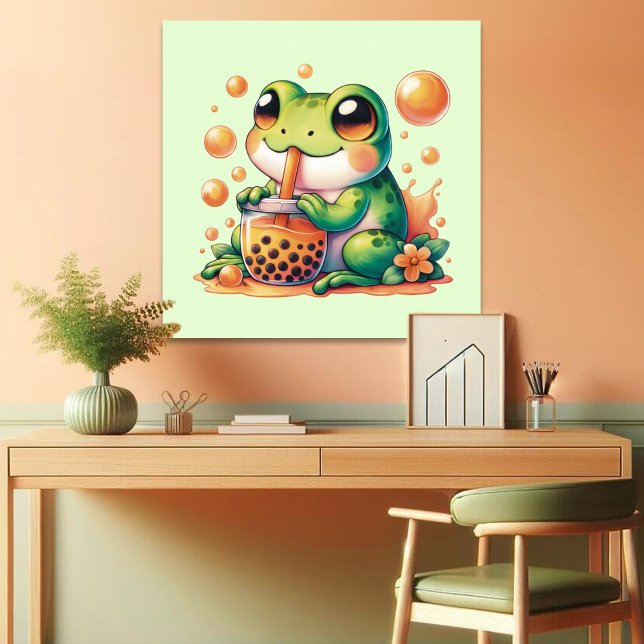 Grüner Frosch trinkt Orange Boba Bubble Tee Poster (Von Creator hochgeladen)