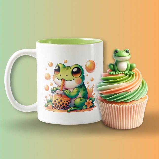 Grüner Frosch trinkt Orange Boba Bubble Tee Zweifarbige Tasse (Von Creator hochgeladen)