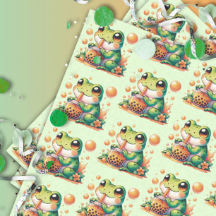 Grüner Frosch trinkt Orange Boba Muster Seidenpapier