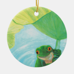 Grüner Frosch unter Lily Pad Keramik Ornament