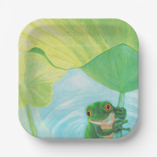 Grüner Frosch unter Lily Pad Pappteller