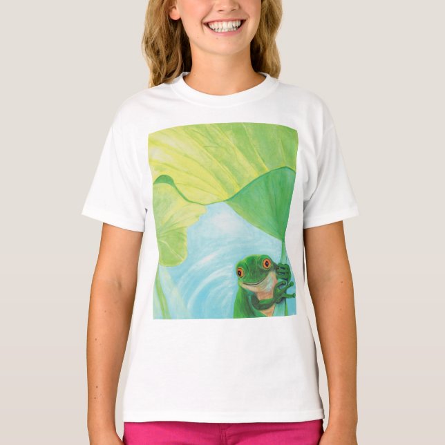 Grüner Frosch unter Lily Pad T-Shirt (Vorderseite)