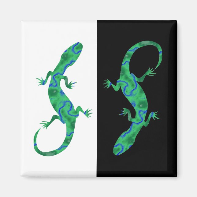 Grüner Gecko ArtDeco Schwarz-Weiß Magnet (Vorne)