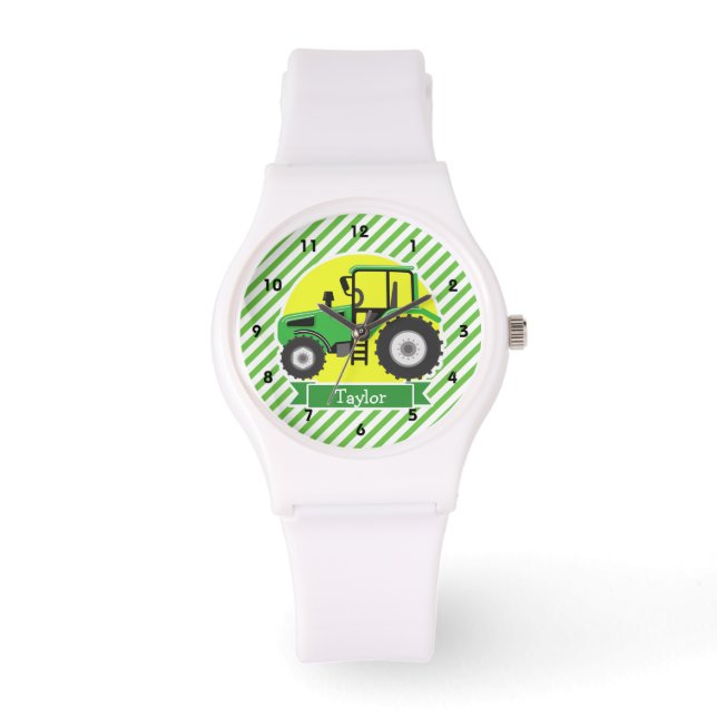 Grüner, gelber Bauerntraktor; grün und weiß Armbanduhr (Vorderseite)