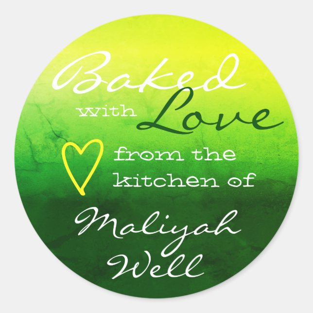 Grüner Gelber Marmor, gebacken mit Liebe Herz Runder Aufkleber (Vorderseite)