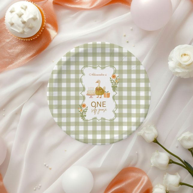 Grüner Gingham Alberner Gans 1. Geburtstag Pappteller (Von Creator hochgeladen)