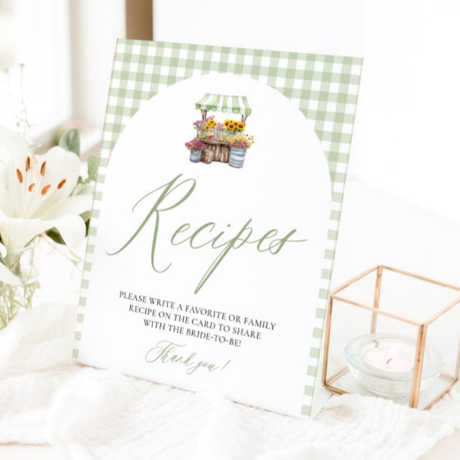 Grüner Gingham Frisch vom Markt Rezepte Dusche Sockelschild (Sage Green Gingham Fresh Off The Market Bridal Shower Recipes Sign)