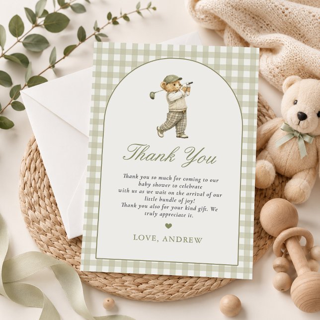 Grüner Gingham-Golf-Junge-Baby-Shower Dankeskarte (Von Creator hochgeladen)